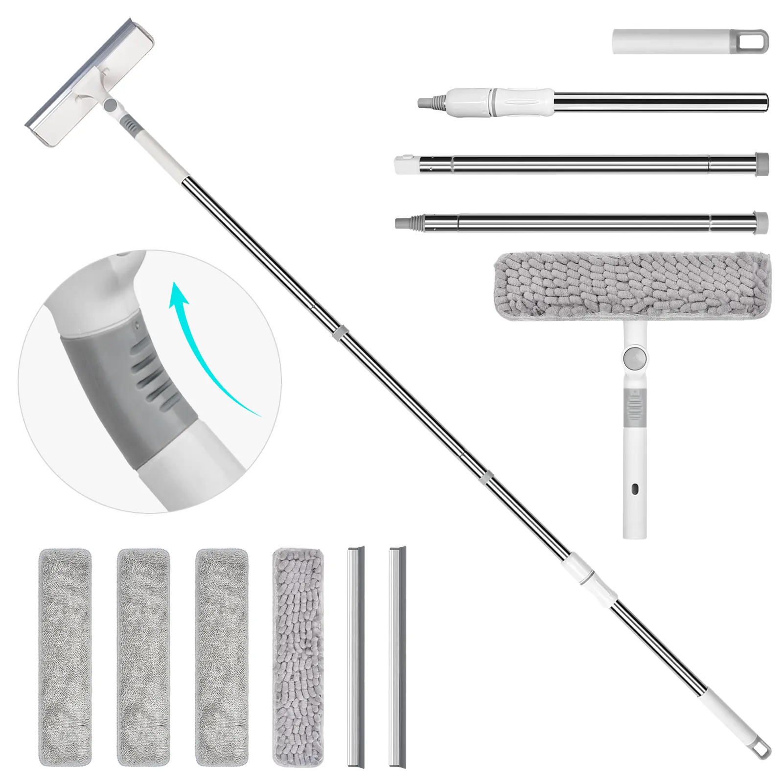 2-in-1 Rotatable Squeegee Window Cleaner, 69" Telescopic Adjustable Extension Pole, Velcro Design, 4 Pads, 2 Blades, Streak-Free Highrise Window Cleaner, Long Handle Microfiber Head Squeegees for Home Care, Car Cleaning Supplies