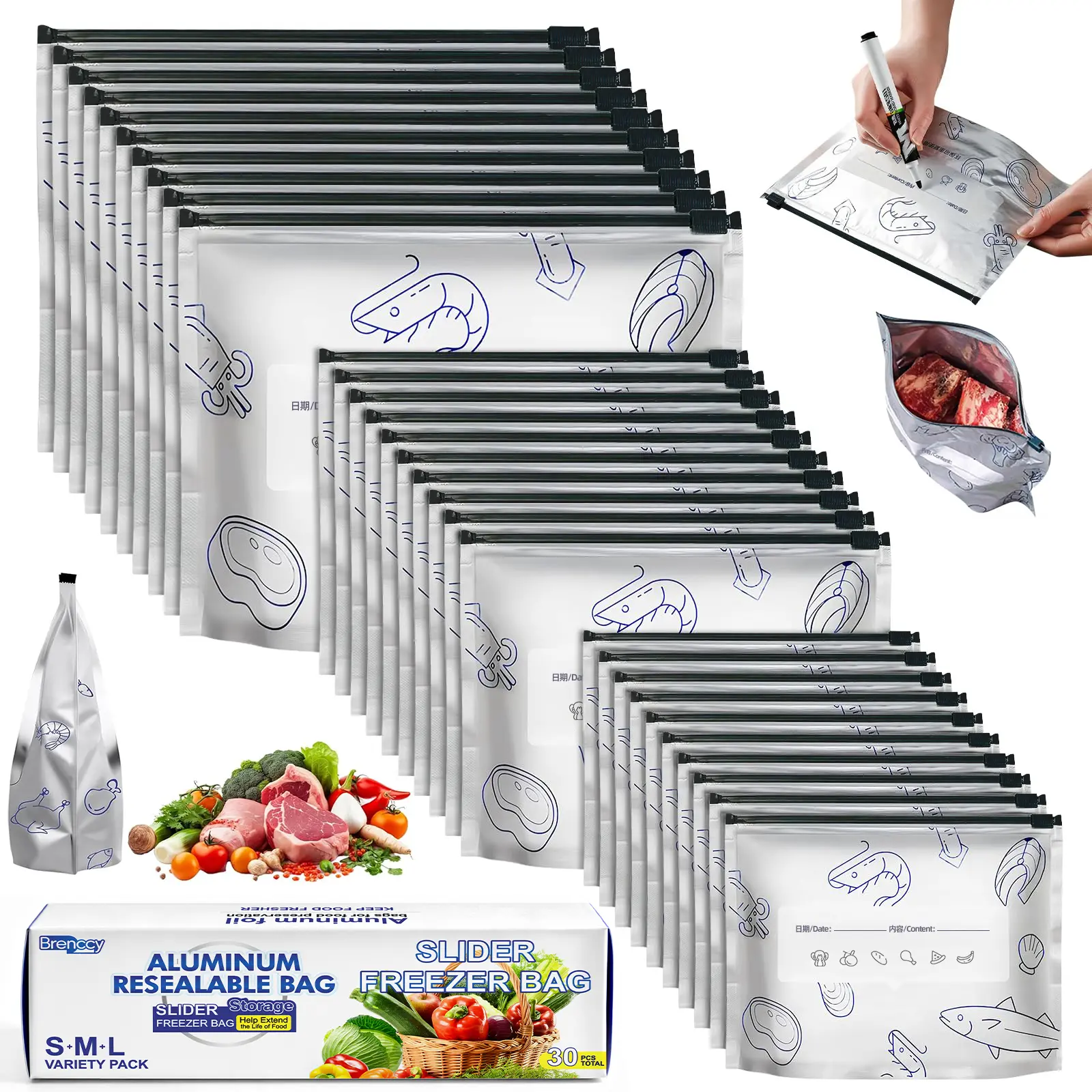 Boxed-Reusable Aluminum Foil Sealable Storage Bags, 2026 New Resealable Vacuum Zipper Pouches for Food, Stand Up Foil Sealable Bags with Label and Zip Lock for Vegetable Fruit Meat (30PCS, 3 Size)