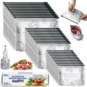 Boxed-Reusable Aluminum Foil Sealable Storage Bags, 2026 New Resealable Vacuum Zipper Pouches for Food, Stand Up Foil Sealable Bags with Label and Zip Lock for Vegetable Fruit Meat (30PCS, 3 Size)