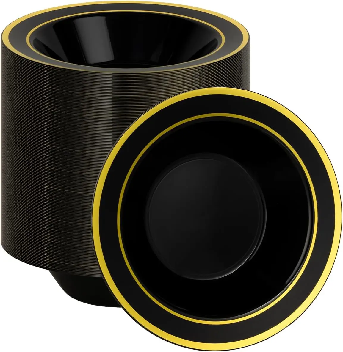 GOODLUCK 200-Pack Glossy Black Round Disposable Plastic Bowls with Gold Rim, 12oz Set for Hot/Cold Food, Parties, Weddings