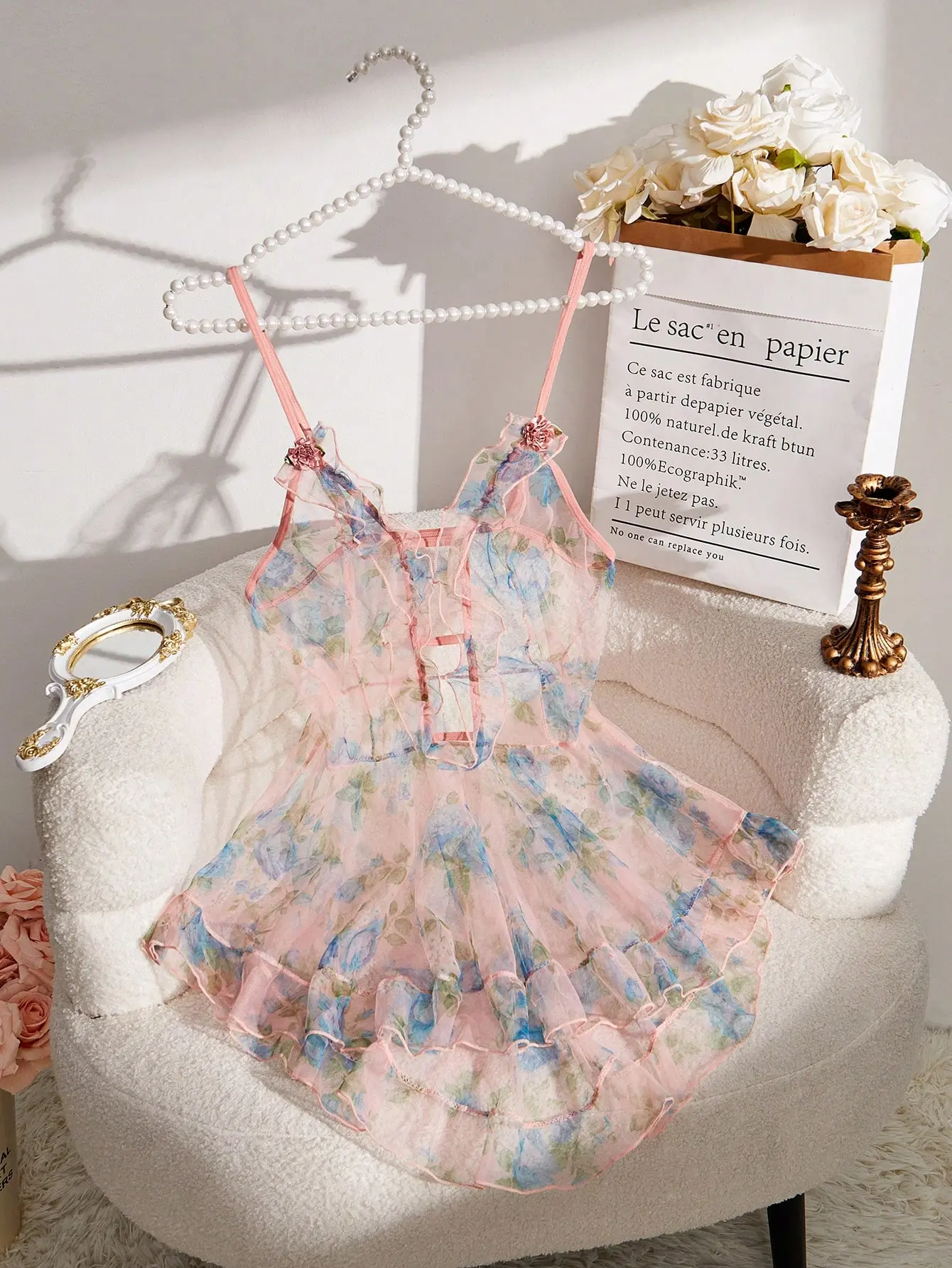 1pc Printed Mesh Sexy Lingerie Dress For Women