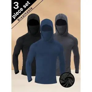 Men’s 3-Piece Sun Protection Hoodie Set — Lightweight, High-Stretch Compression Sweatshirt for Running and Fitness