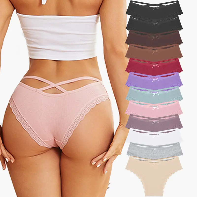 FINETOO 12-Pack Cotton Bikini Underwear for Women, Soft Cheeky Fit with Lace Waist and Back Crisscross Strap Design, Breathable Skin-Friendly Basic Panties S-XL