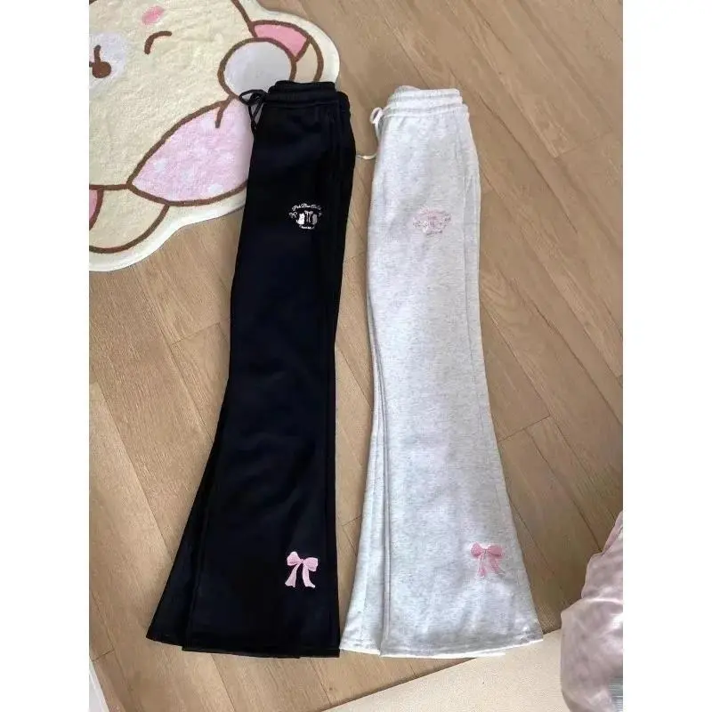 Deeptown Japanese Bow Embroidery Pants Women Vintage Wide Leg Causal Y2k Aesthetic Drawstring Trousers Harajuku Autumn Bottoms