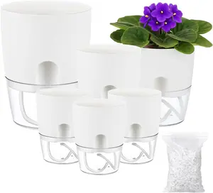 6 Pack Self Watering Pots for Indoor ,  3.2/4/6 Inch  Pot Plastic Self Watering Planter for Orchid,  Violet, Small Clear Flower Pots with Drainage Holes and Wicking, White