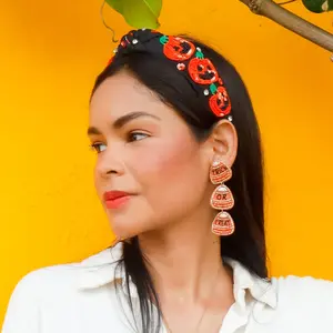 Hand Beaded Halloween Pumpkin Knot Headband