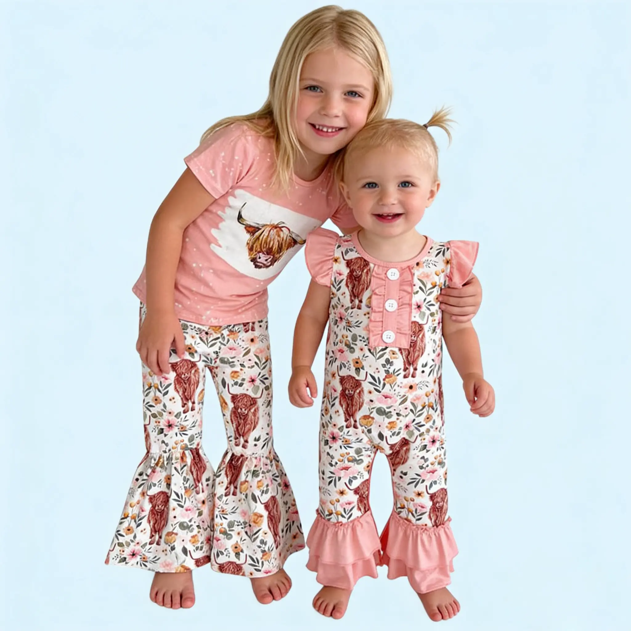 Highland cow print shirt bell bottom pants girls spring clothing