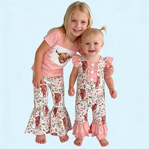 Highland cow print shirt bell bottom pants girls spring clothing