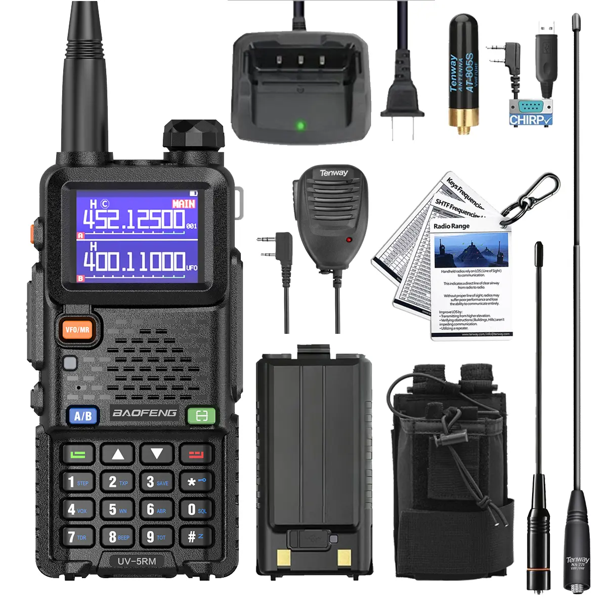 Baofeng UV-5RM 10W Wireless Long-Range VHF/UHF Handheld Ham Radio Walkie Talkie, Audio Support, NOAA Weather Receiver, 999CH, DTMF Copy Frequency, USB Type-C Charging, Auxiliary Local Sound, Rechargeable Battery, Original Box (Not Water Resistant)