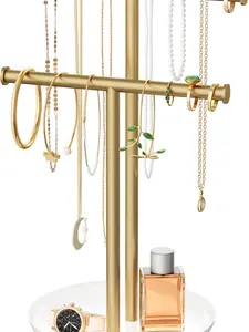 Gold Necklace Rack Stand with Storage Tray - 2 Rods T-Shaped Jewelry Holder Stand for Bracelets, Earrings, Rings | Elegant Vanity & Dresser Top Storage for Women.