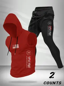 Men's Flag Print Sporty Set, Sleeveless Vest Top & Drawstring Waist Pants, Casual Summer Outdoor Wear, Comfortable Fashion Choice