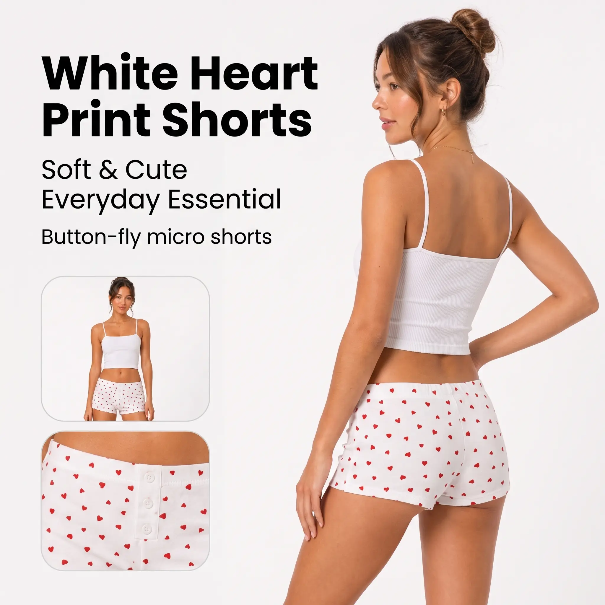 White Heart Print Shorts Red Heart Button Fly Micro Shorts Cute Lounge Shorts