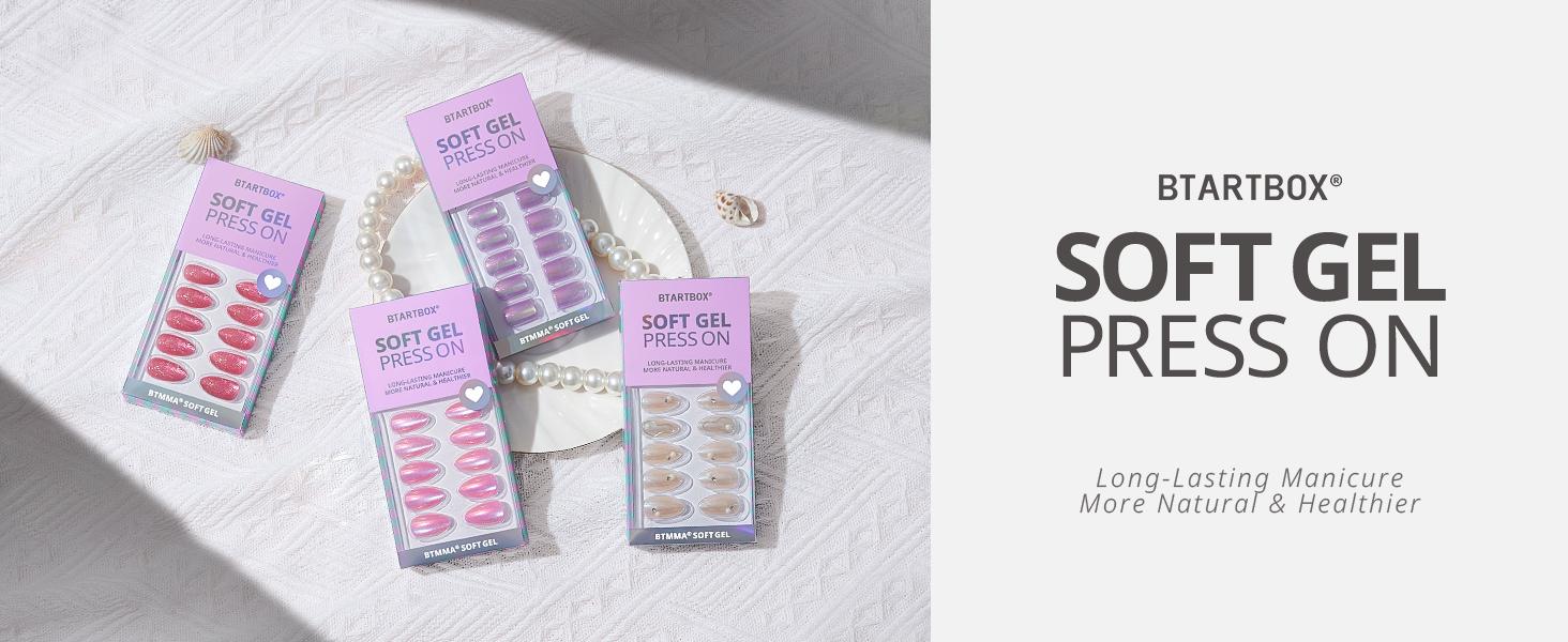 BTArtbox French Tip Press On Nails - Lamp-Curable Blush Red Almond Press On Nails with Glue for Women, Silver Outline Soft Gel Glue On Nails in 15 Sizes - 30 Stick On Nails Kit, Lolita Razor