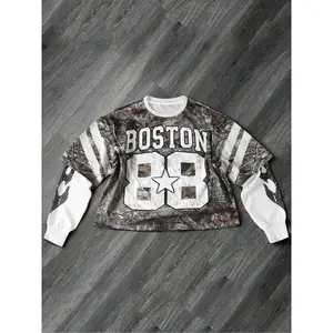 Unisex camouflage sweatshirt with tree branches, figures, and letter prints, 2-in-1 double-layer long sleeves; loose, casual, comfortable crew neck pullover for everyday wear; fashionable top for all seasons