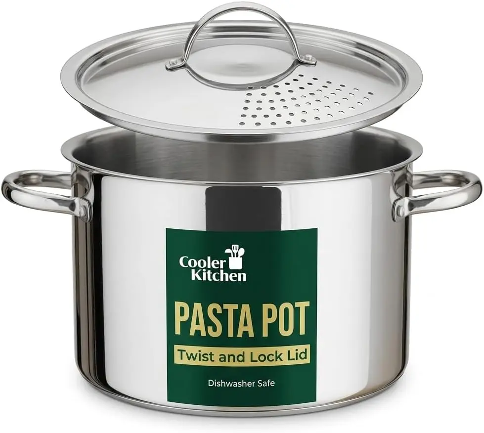 Black Stainless Steel Pasta Pot with Twist Lock Strainer Lid, 5.5 Qt