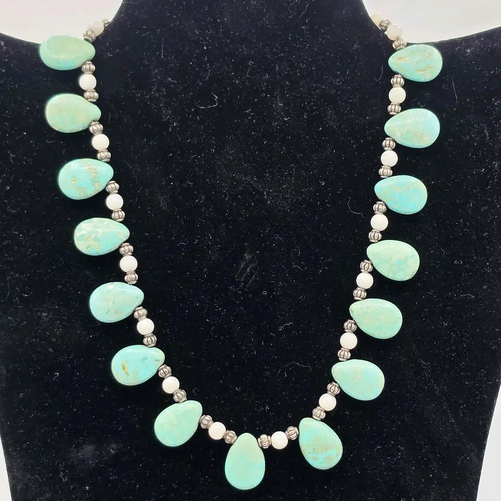 VTG Southwestern Turquoise Teardrop Necklace with Mother of Pearl, Silver Beads, 17" Length