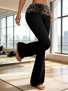 Women's Sporty Yoga Pants, Elastic Leopard Print Design, Elastic Waist Activewear, Fitted High-Waisted Comfortable Long Leggings for All Seasons