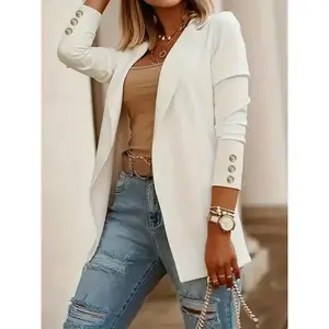 Women’s solid-color buttoned round-neck open-front sports jacket, spring and autumn casual long-sleeve outerwear, work/office business women’s clothing GARMENTARY