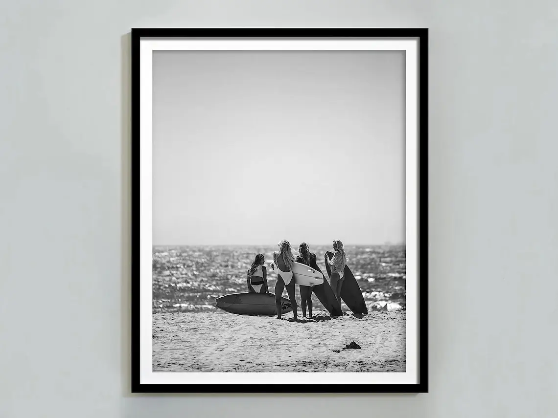 Surfer Girls Hawaii Poster, Black and White Wall Art, Beach Print, Vintage Photograph, Surfboard Wall Art, Summer Poster