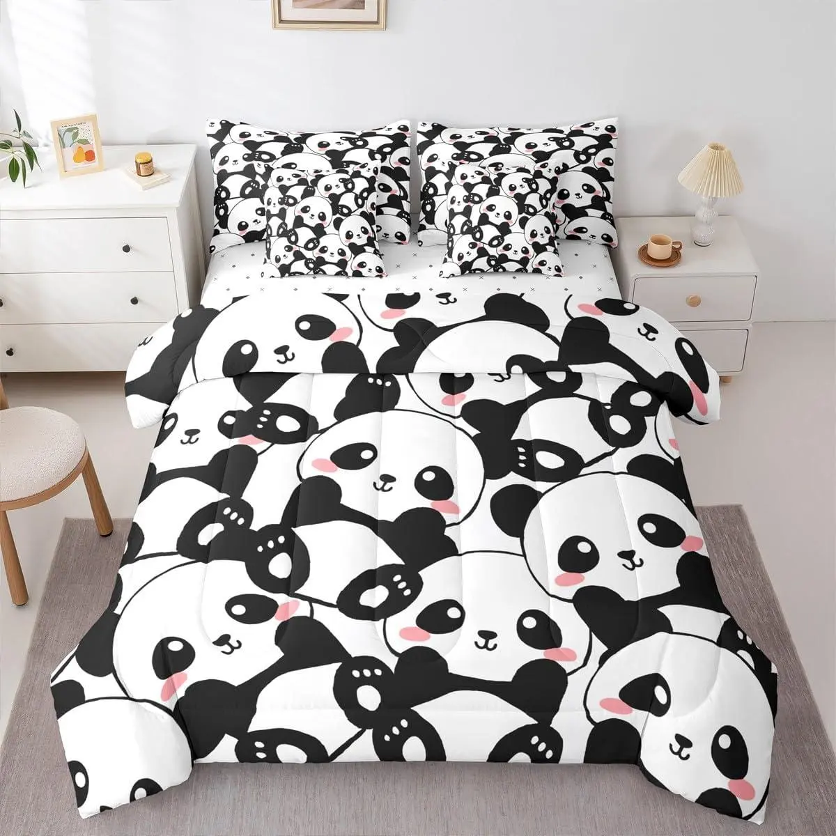 Feelyou 7-Piece Microfiber Panda Kid Bedding Set - Cute Black White Panda Comforter Set with Sheets, Kawaii Animal Bedding for Kids Teens, Microfiber Bedding