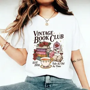 summer graphic tees Vintage library-style T-shirt| Vintage Floral Book Pattern T-Shirt| Book Lover's Casual CVC Material Shirt