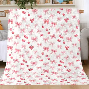 Soft & Cozy Pink Bowknot Cherry Print Flannel Blanket – Lightweight, Warm, and Perfect for Home, Travel, Camping, or Office Decor, Versatile Blanket | Playful Pattern | Digital Print Design