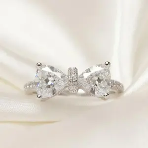 Dainty Bow Knot  Ring • Platinum Plated Cubic Zirconia Promise Ring • Adjustable Gift Jewelry for Women • Cute Wedding Engagement Bridesmaid Rin