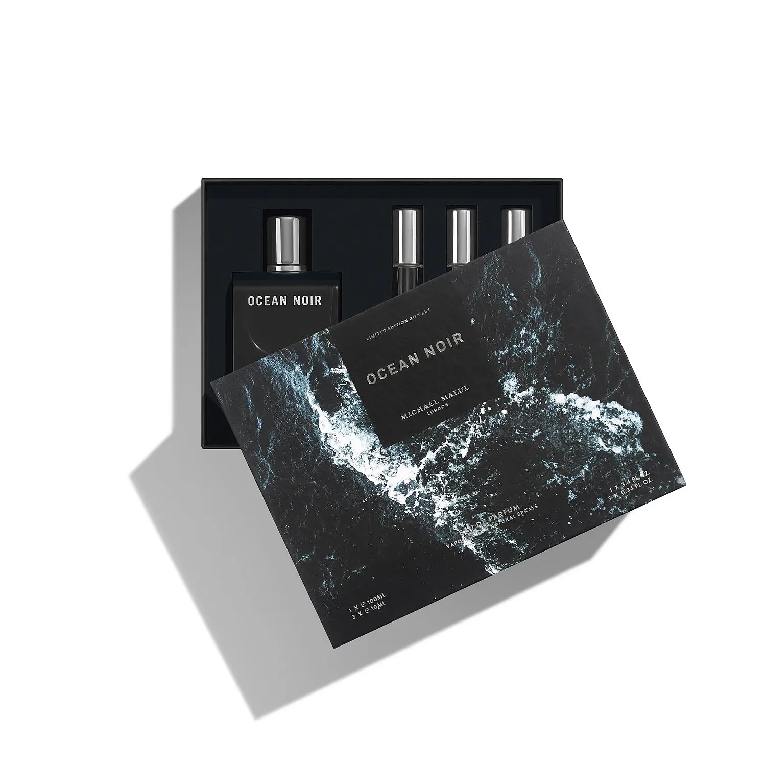 Michael Malul Variety Set-Ocean Noir Eau De Parfum Spray 3.4 Oz & Eau De Parfum Spray 0.34 Oz Mini & Citizen Jack Absolute Eau De Parfum Spray 0.34 Oz Mini & Ktoret 511 Black Tie Eau De Parfum Spray 0.34 Oz Mini For Men