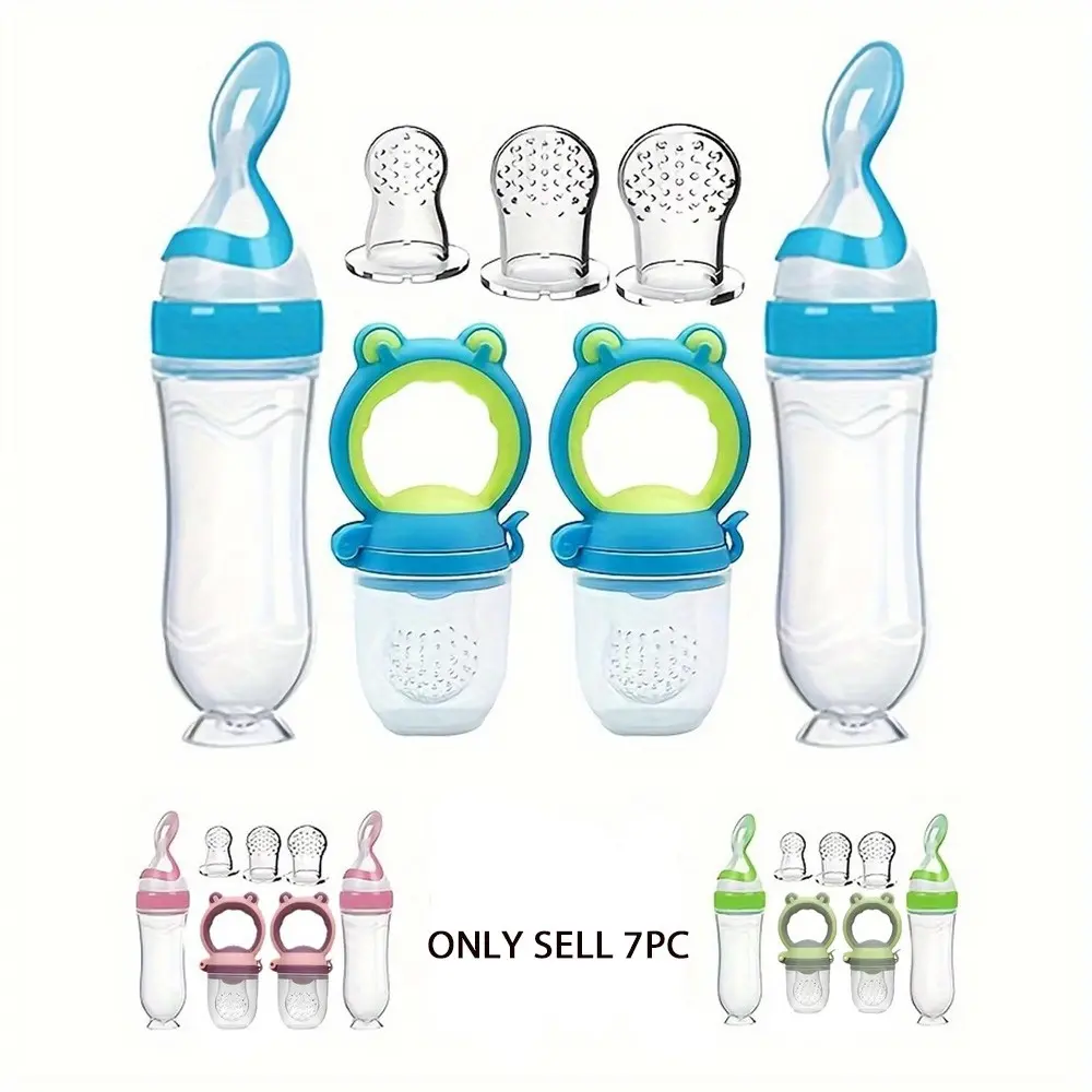 Professional Baby Feeding Set, 7pcs/set Baby Feeding Set, Silicone Squeeze Spoon Feeder Bottle & Fruit Food Feeder with Replacement Mesh, Drinking Feeding Supplies, Silicone Feeding Utensils