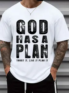 Men's Funny "God Has a Plan" T-Shirt - 100% Cotton 180gsm Casual Short Sleeve Tee with Faith Humor Saying, White Round Neck Shirt for Daily Wear & Christmas Gifts