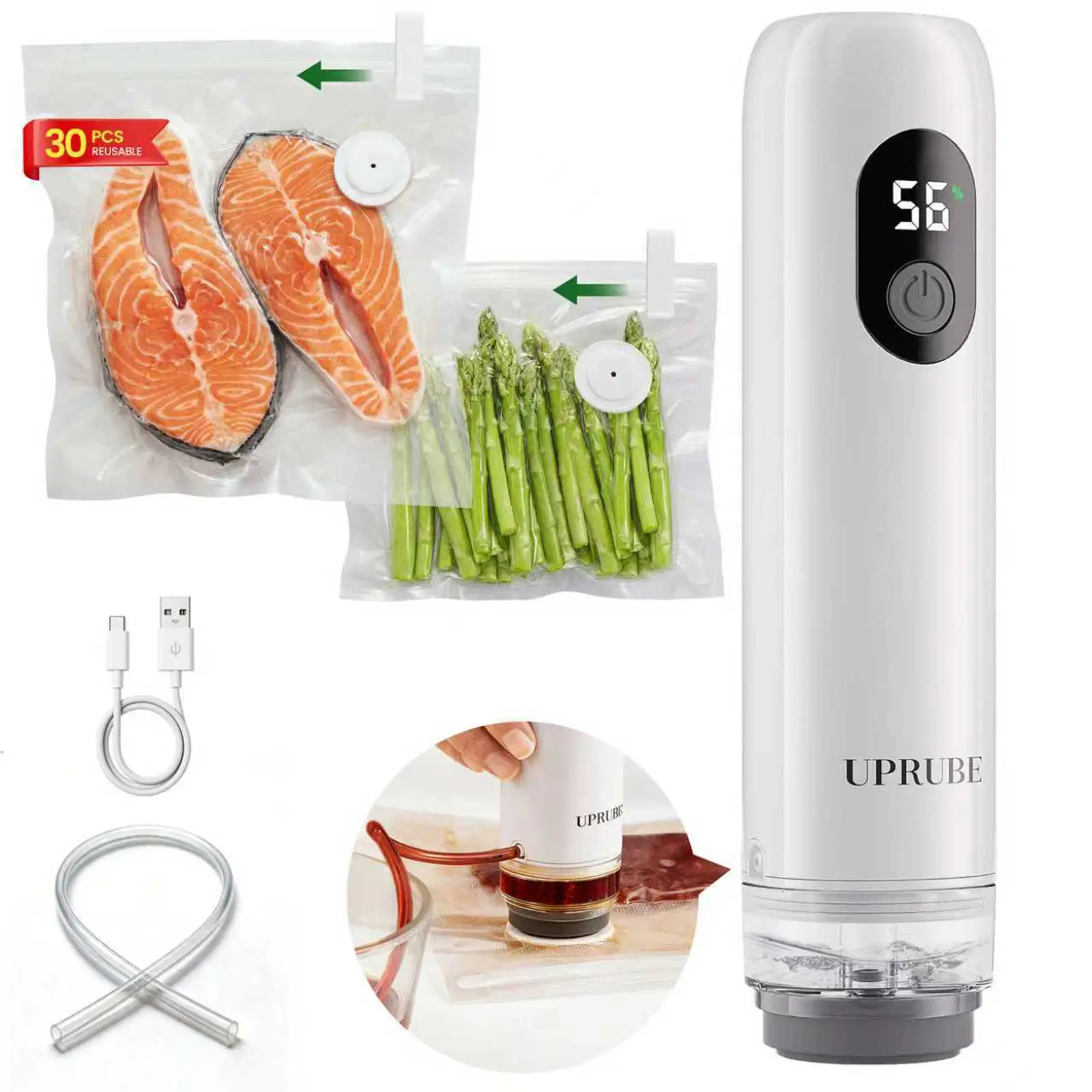 UPRUBE Compact Handheld Vacuum Sealer Machine with LED Display, Liquid Drainage Tube, 30 Reusable Vacuum Bags, Portable Kitchen Food Sealer Appliance
