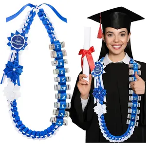 2026 Graduation Money Lei with Cash Holder 48 Inch Extra Long Braided Ribbon Lei DIY Graduation Garland for Cash Gifts Class of 2026 Grad Party Decorations (Blue & White)