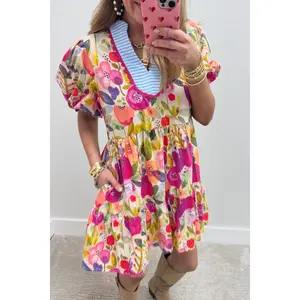 Rose Bright Floral Print Ricrac Trim Striped Patchwork V Neck Dress