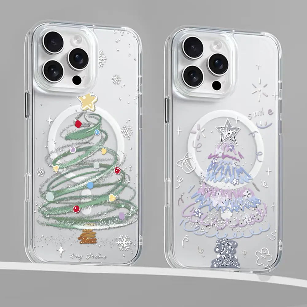 Fashionable Christmas Tree Magnetic for iPhone 17/16/15/14/13/12/11 Xs Pro Max Plus AIR Case, Compatible with MagSafe, for Samsung S22/S23/S24/S25/PLUS/ULTRA/FE phone casing Transparent shockproof protective case Christmas gift Shell Protection
