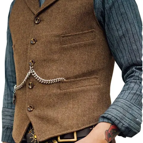 Mens Classic Cowboy Single Breasted Tweed Herringbone V-Neck Suit Vest Wool-Polyester Blend Steampunk Fashion Ideal for Vintage Outfits Business,sohochic