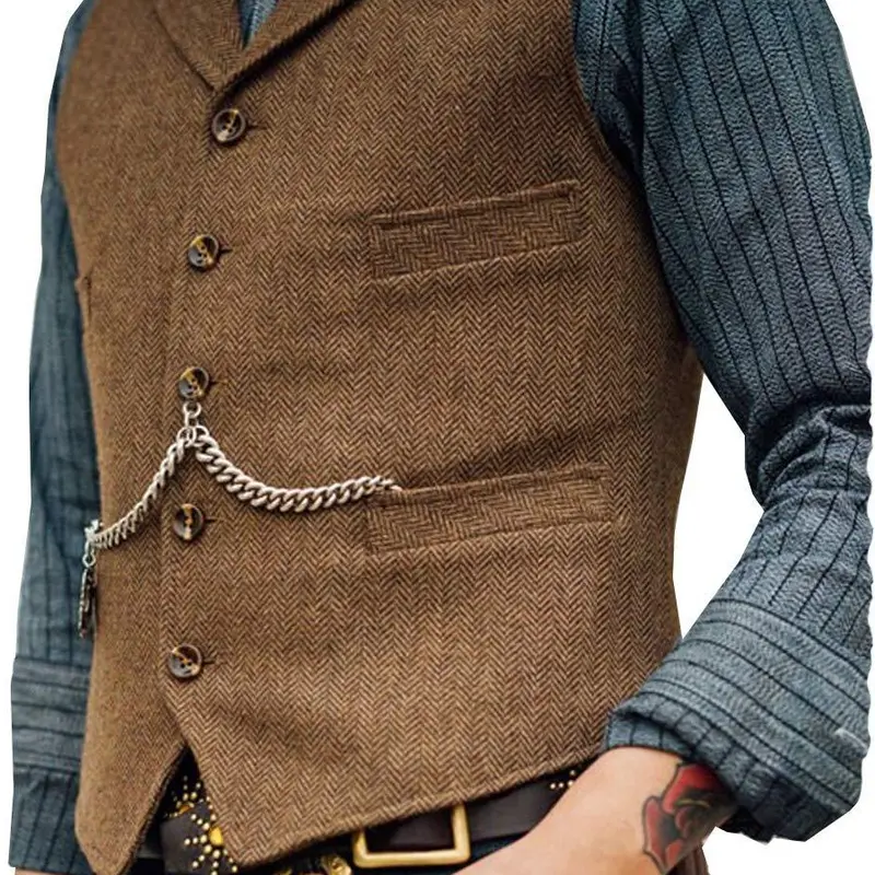 Mens Classic Cowboy Single Breasted Tweed Herringbone V-Neck Suit Vest Wool-Polyester Blend Steampunk Fashion Ideal for Vintage Outfits Business,sohochic