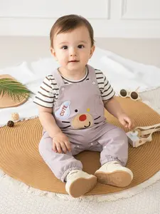 Summer Newborn Baby Boy Cute Casual 2-Piece Set Outfits, Striped Regular Short Sleeve T-Shirt & Embroidered Back Long Pants