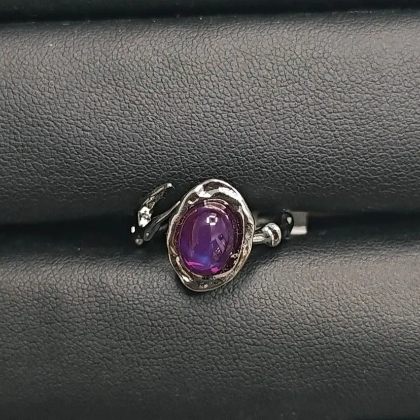 Ruby(10780)gc.Liquid Amethyst Ring - Raw Liquid Silver Setting with Deep Purple Oval Stone