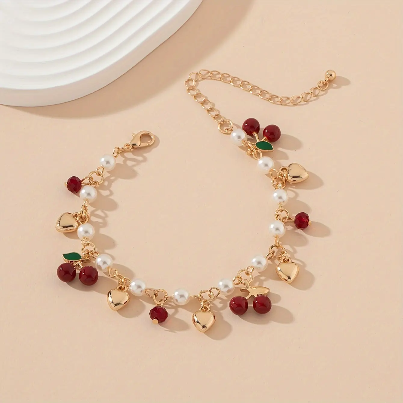 1pc of Women'S Enamel Cherry Party Heart-Shaped Bracelet European And American High Imitation Pearl Personalized Anklet Holiday Gift Travel Daily Wear, Gold-Tone Cherry Anklets, Heart Bracelet Anklets