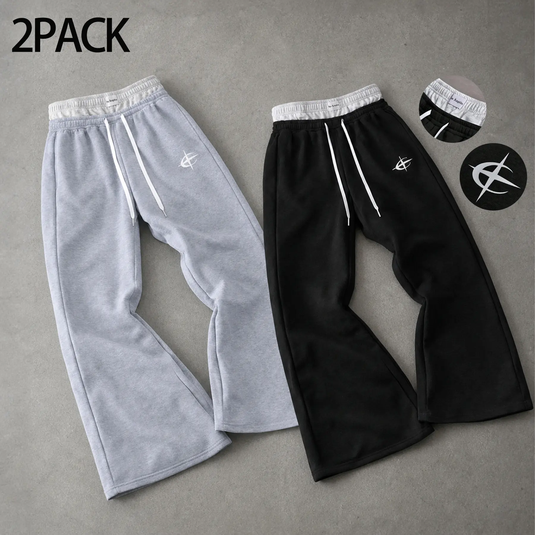 Men's 2-Pack Grey Sweat Pants, 100% Cotton Mid-Rise Flare Wide Leg with Double Waistband, Casual Sports Pants for Streetwear, Flared Sweatpants, Drawstring Sports Pants