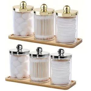 Cotton Swab Storage Box with Wooden Tray, 3 Counts/set Round Cotton Swab Dispenser, Canister, Clear Storage Jar, Bathroom Storage Box for Toiletry, Home Organizer, Bottles