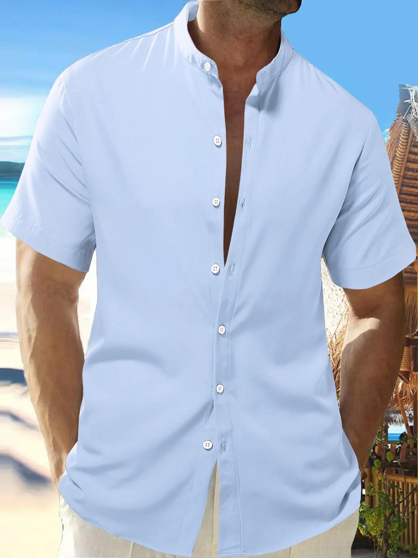 Men's Loose Solid Button Down Shirt, Summer Clothes, Streetwear Short Sleeve Stand Collar Button Front Top, Casual Daily Summer Shirt, Work Business M