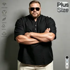 Plus Size Men's Summer Short Sleeve Shirt, Stand Collar Design, Skin-Friendly, Loose Fit, Versatile Top
