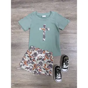 Camo Cross Jesus Religious Church Christian Green Boys or Toddler Easter Spring Shorts Outfit