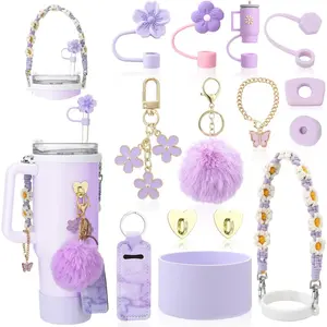 14 Pcs Cup Accessories Set for Stanley,Including Water Bottle Handle Strap,Spill Stopper,Silicone Boot,Chapstick Holder,Charms for Stanley,3 Pcs Silicone Straw Cover