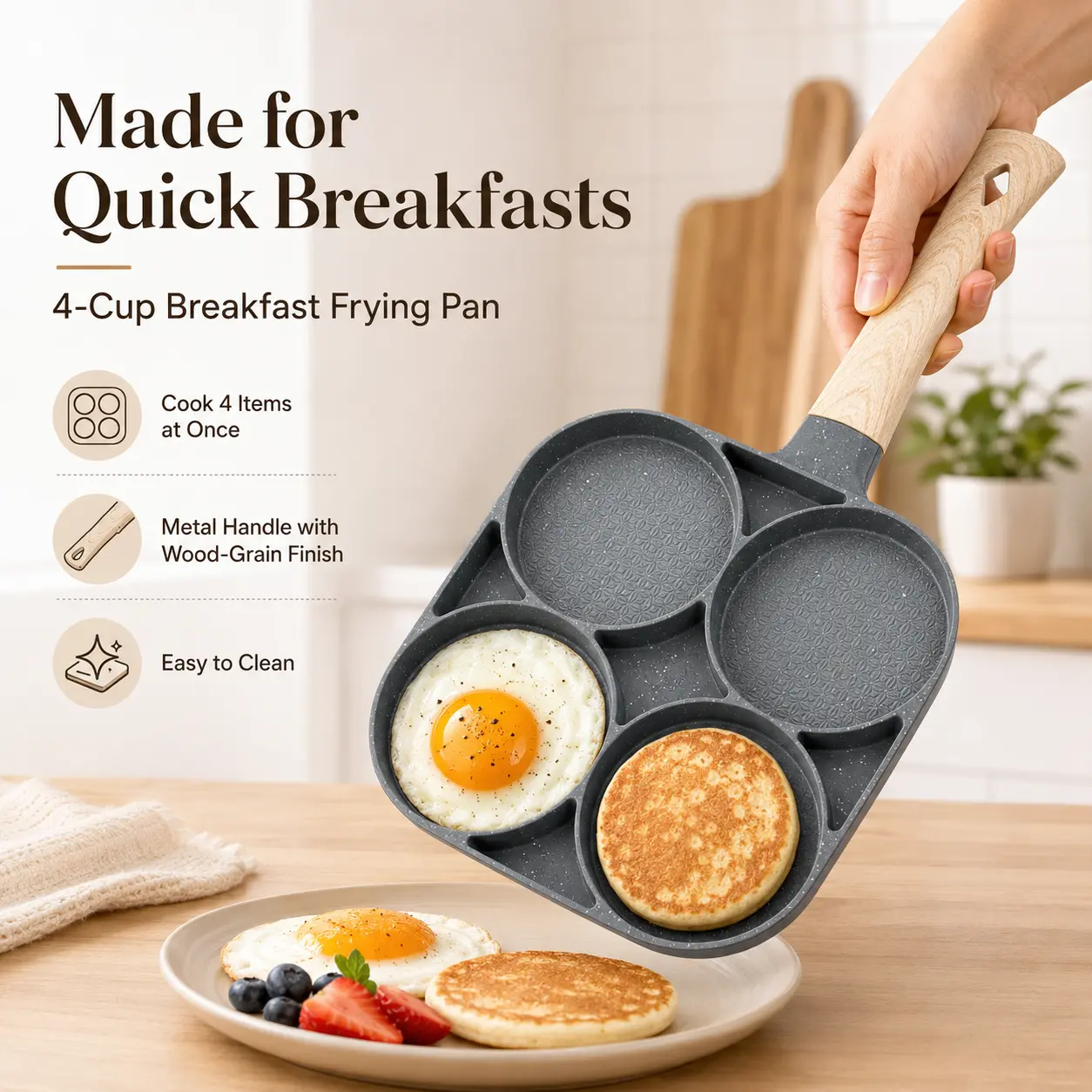 4-Hole Nonstick Egg Frying Pan, 4-Cup Teflon-Coated Aluminum Alloy Breakfast Skillet with Wood-Grain Metal Handle, Easy-Clean Multi-Section Small Cookware for Eggs, Mini Pancakes, Home Kitchen Use