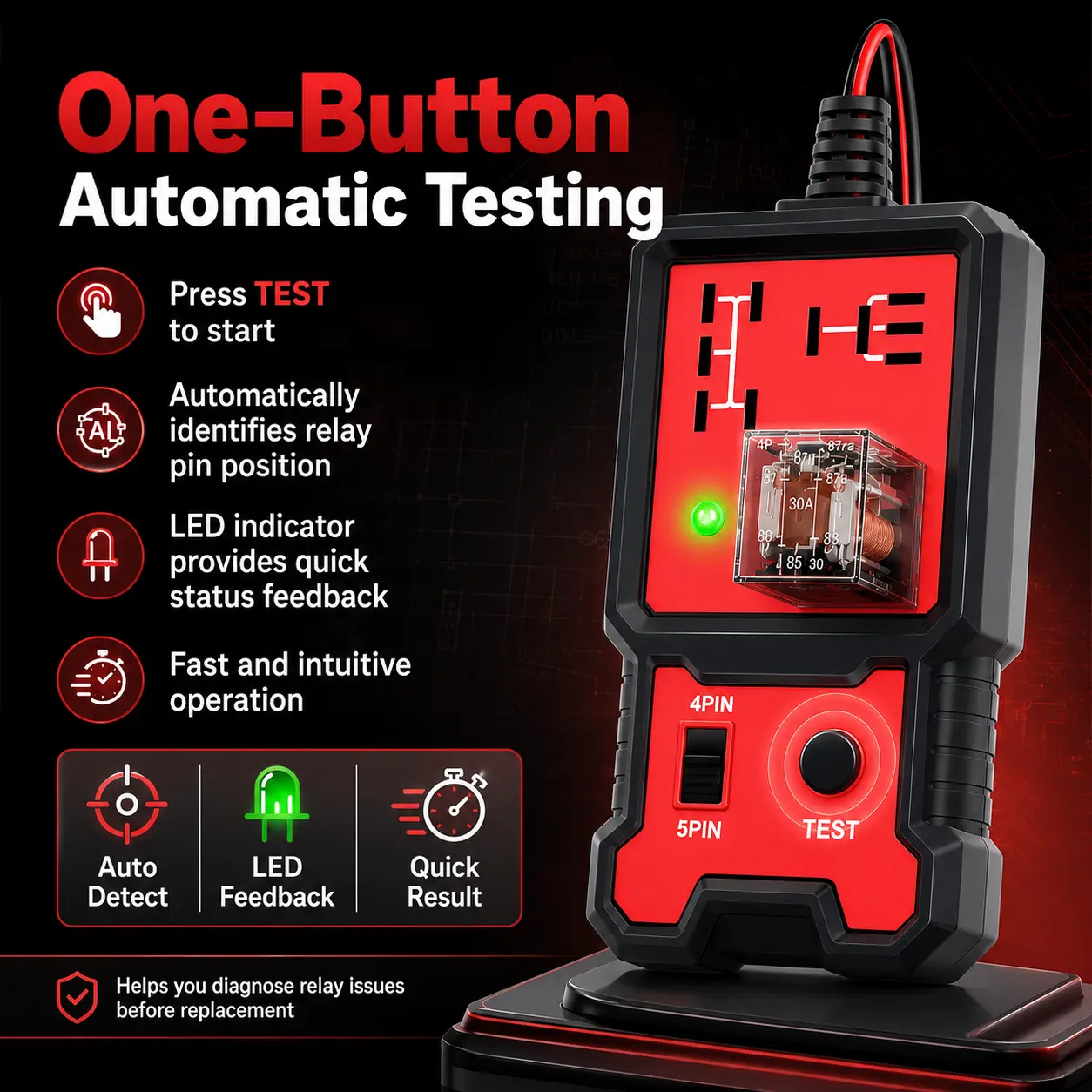 12V Automotive Relay Tester, Car Diagnostic & Repair Tool - Quick Coil & Switch Contact Test, Self-Contained with Instant Results, Green LED Indicates Functional Unit, Works on 4 & 5 Pin Units, Green Led Shows Relay Is Good, Relay Voltage Tester, Universa
