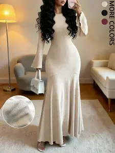 Women's Casual Solid Color Fitted Long Sleeve Dress, Comfortable Everyday Wear, Perfect for Shopping & Daily, Stylish Ladies' Clothing