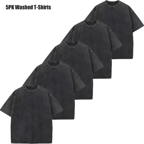 Men's 5-Pack Heavyweight 100% Cotton Vintage Washed Oversized Crew Neck T-Shirts - Unisex Mens Clothing, Soft Grunge Fabric Tees with Hem for Layering & Uniform Use, Plain Streetwear DIY Print Ready Tops