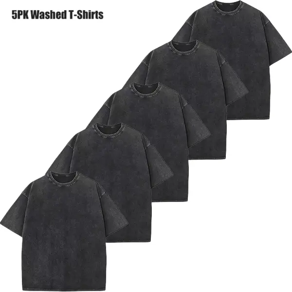 Men's 5-Pack T-Shirts, Heavyweight 100% Cotton Vintage Washed Oversized Basic Tees, Unisex Streetwear for Layering & Everyday Outfits, Uniform